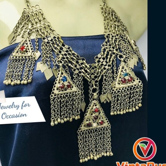 Silver Kuchi Vintage five Dangling Pendants Necklace, Nomadic Gypsy - Picture 2 of 10